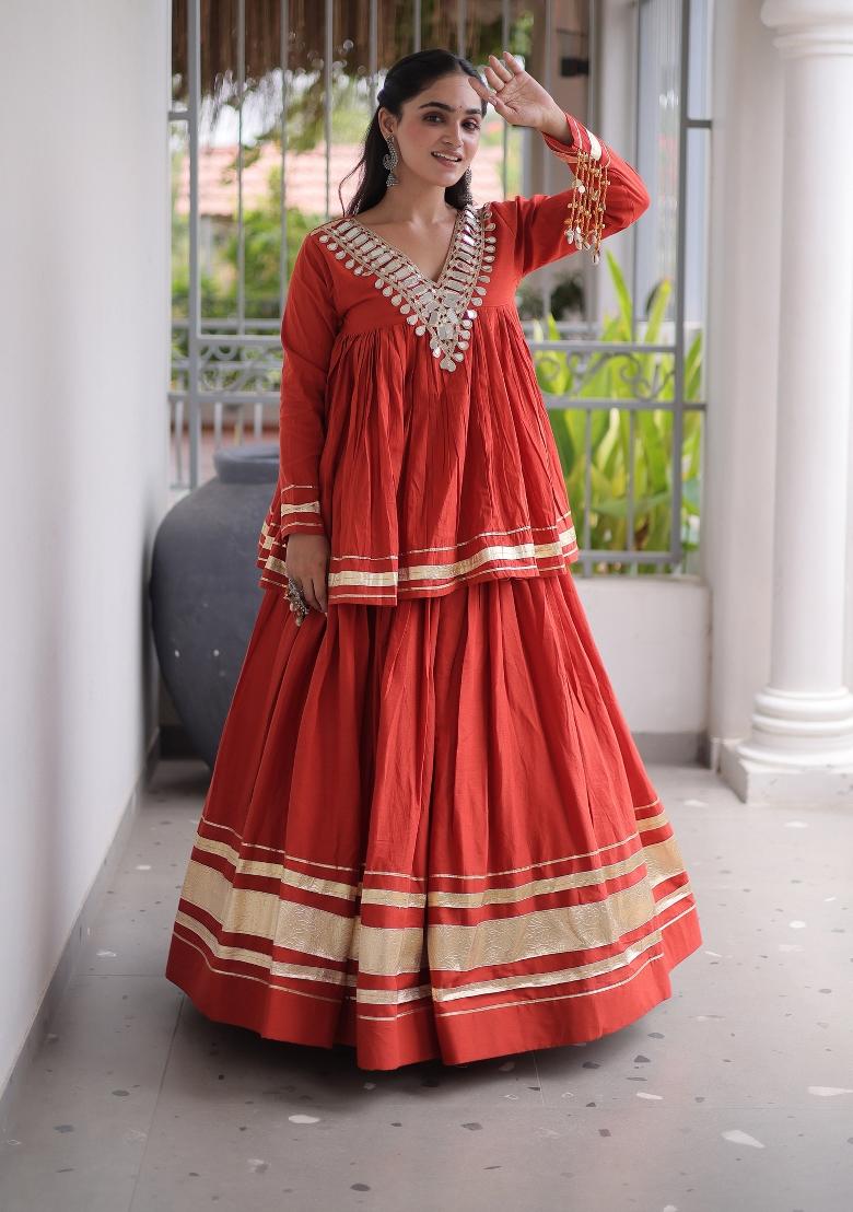 Rust Zari Work Cotton Lehenga Set - Indya