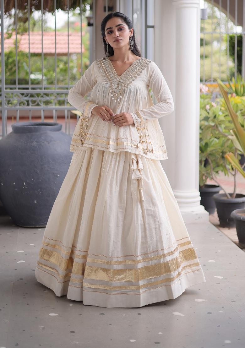 White Zari Work Cotton Lehenga Set - Indya
