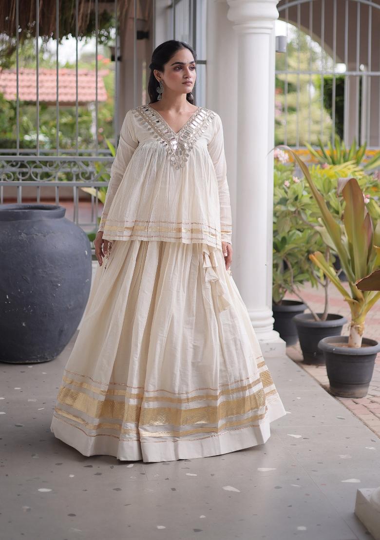 White Zari Work Cotton Lehenga Set - Indya