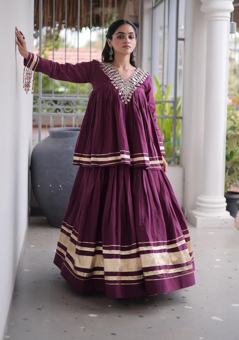 Wine Zari Work Cotton Lehenga Set - Indya