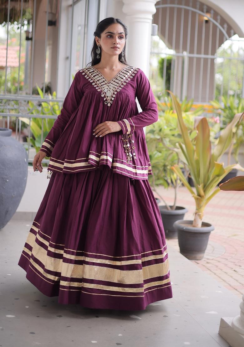 Wine Zari Work Cotton Lehenga Set - Indya