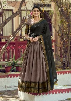 Dark Brown Zari Work Cotton Lehenga Set
