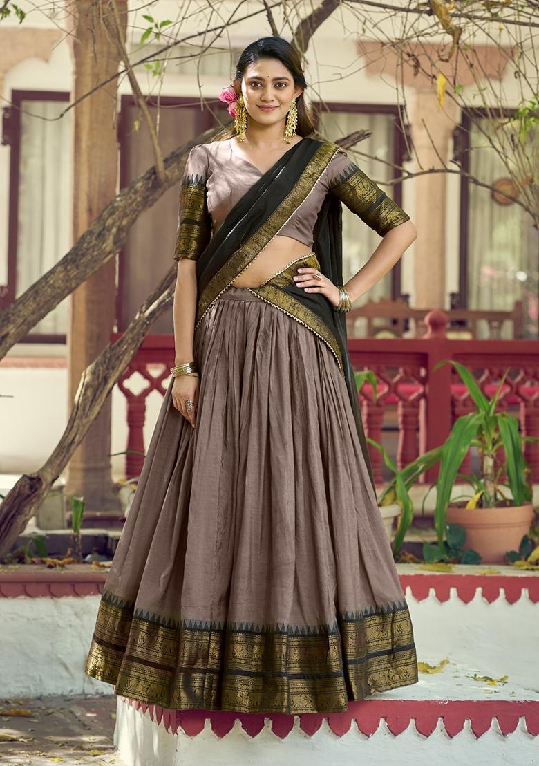 Dark Brown Zari Work Cotton Lehenga Set - Indya