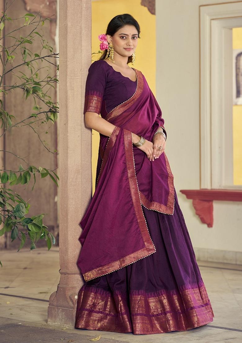 Wine Zari Work Cotton Lehenga Set - Indya