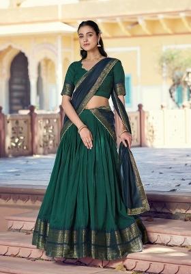 Dark Green Zari Work Cotton Lehenga Set