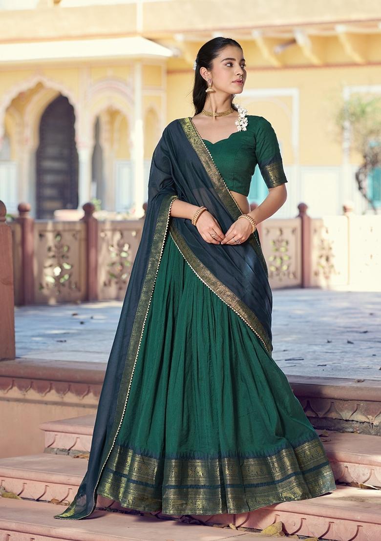Dark Green Zari Work Cotton Lehenga Set - Indya