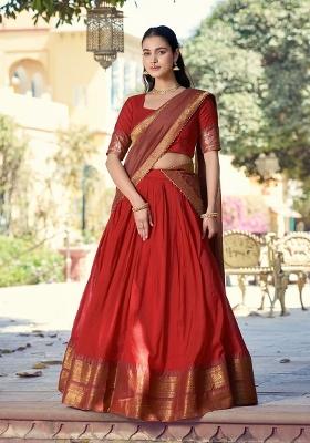 Red Zari Work Cotton Lehenga Set