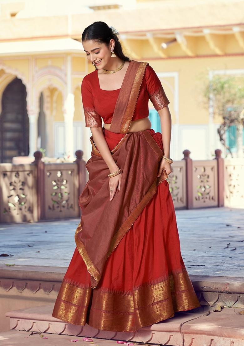 Red Zari Work Cotton Lehenga Set - Indya