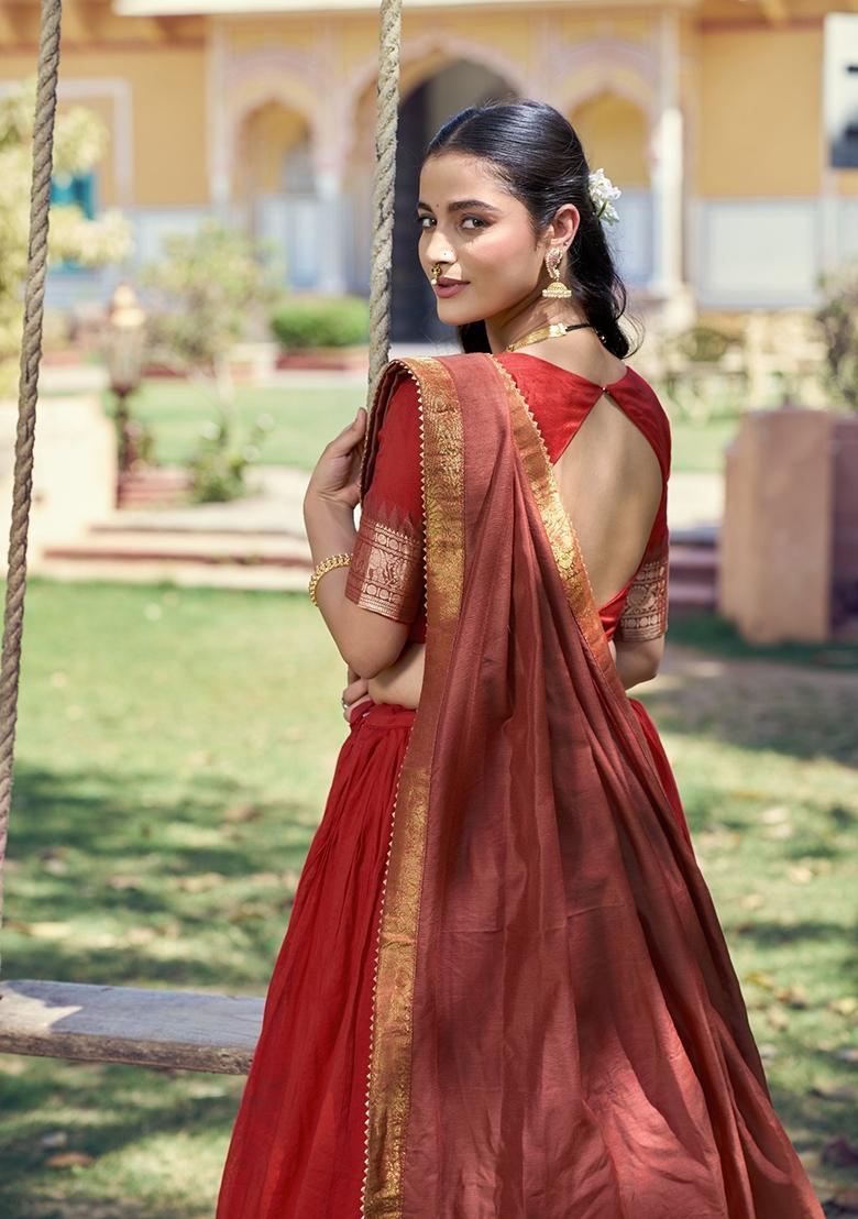 Red Zari Work Cotton Lehenga Set - Indya