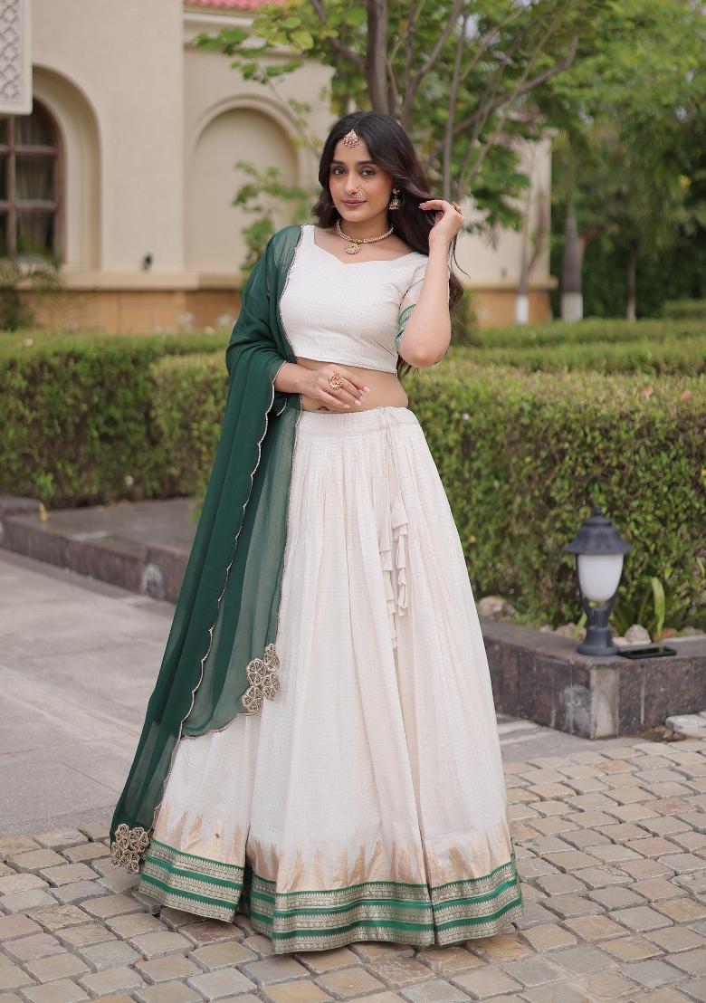 White Zari Work Viscose Lehenga Set - Indya