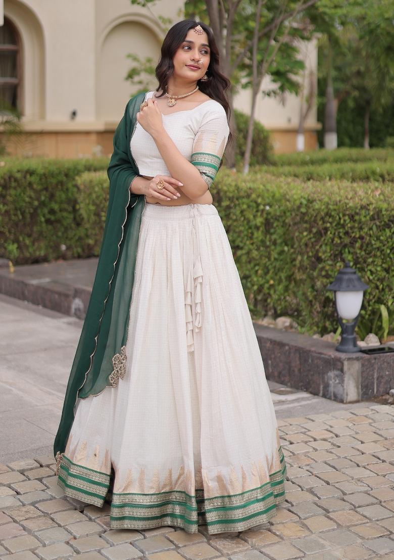 White Zari Work Viscose Lehenga Set - Indya