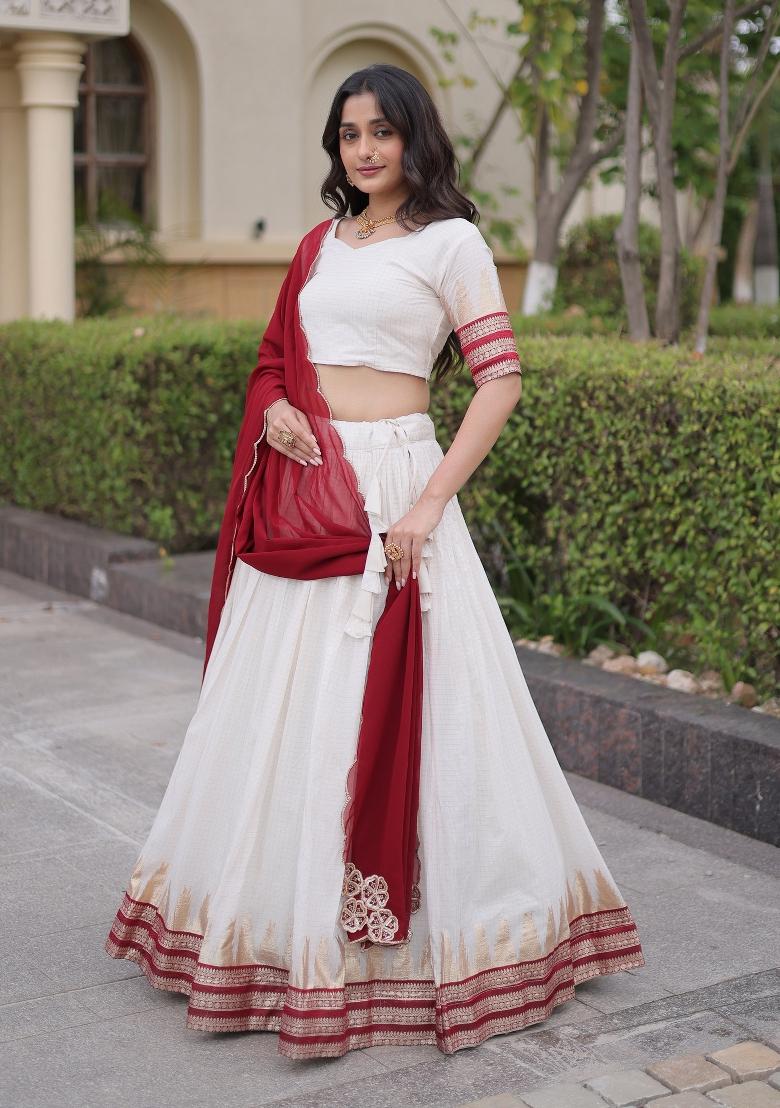 White Zari Work Viscose Lehenga Set - Indya