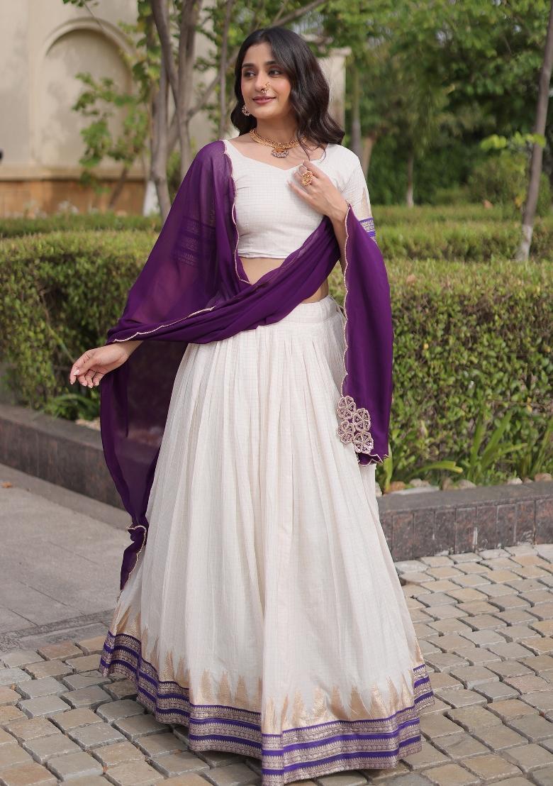 White Zari Work Viscose Lehenga Set - Indya