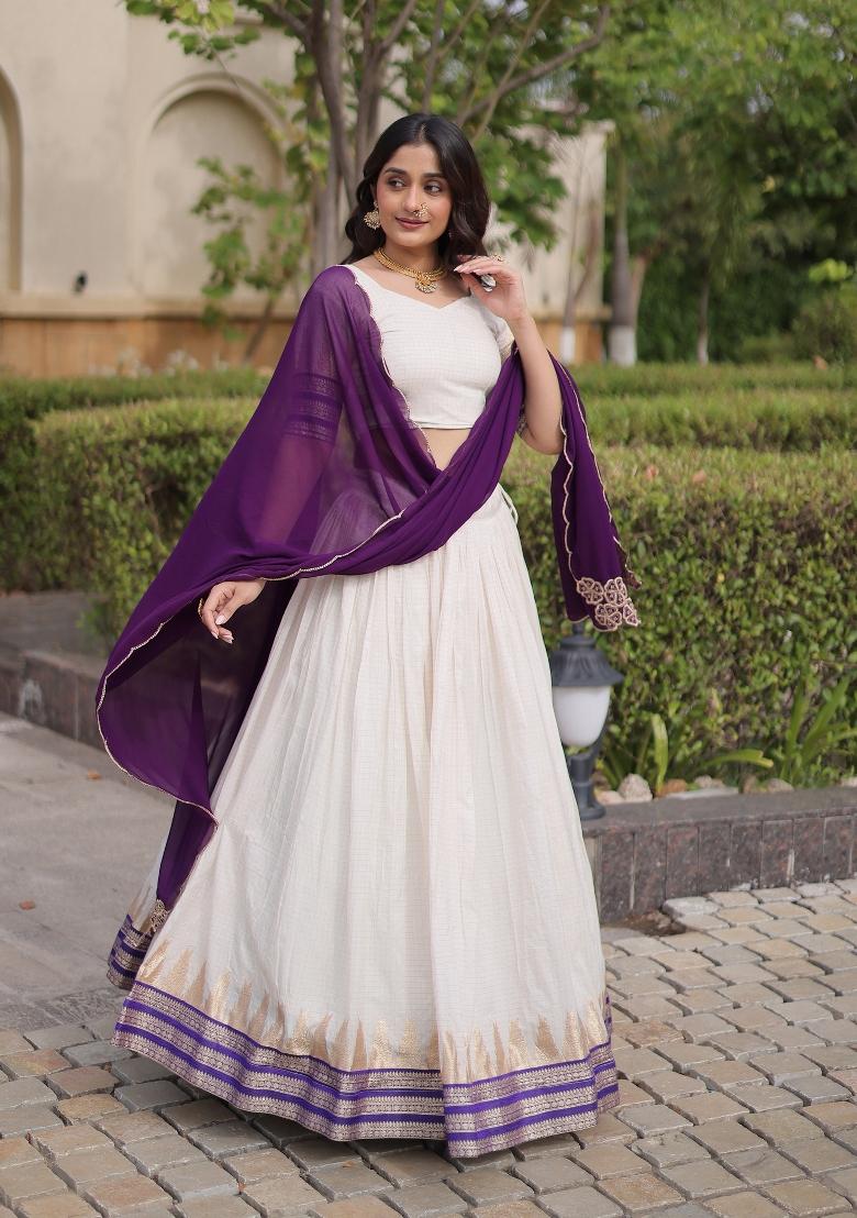 White Zari Work Viscose Lehenga Set - Indya
