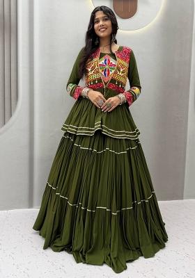 Mehendi Lace Work Cotton Lehenga Set