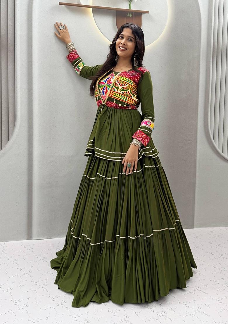 Mehendi Lace Work Cotton Lehenga Set - Indya