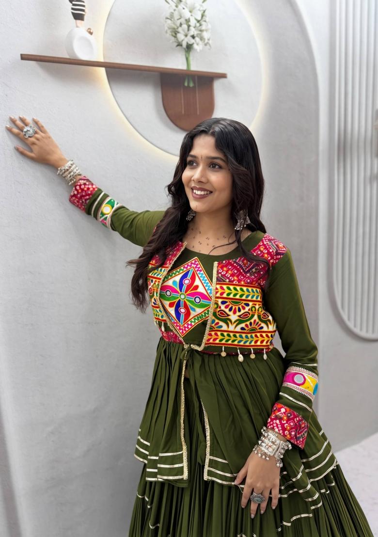 Mehendi Lace Work Cotton Lehenga Set - Indya