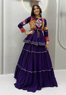 Purple Lace Work Cotton Lehenga Set