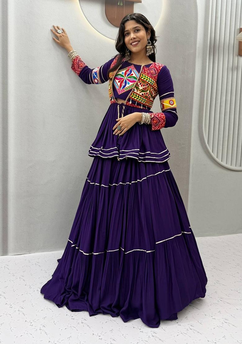 Purple Lace Work Cotton Lehenga Set - Indya