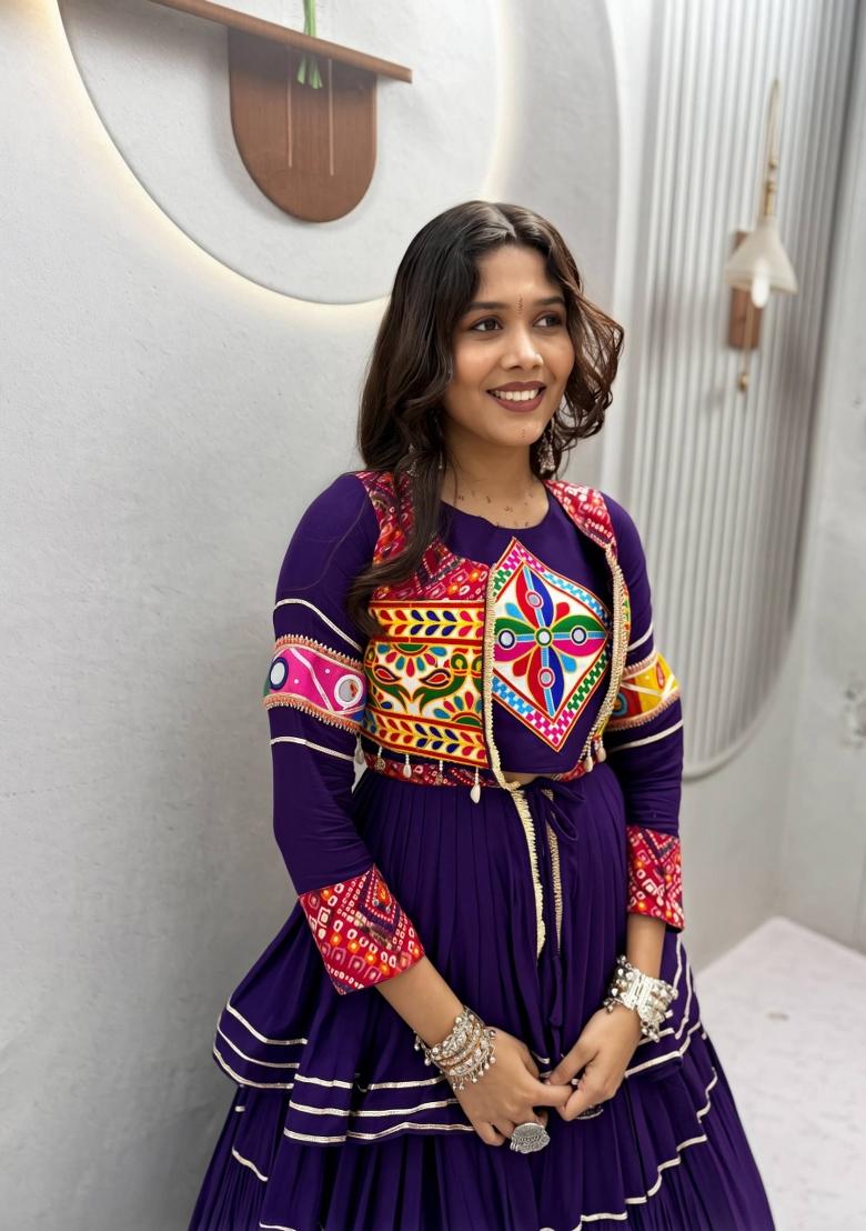 Purple Lace Work Cotton Lehenga Set - Indya