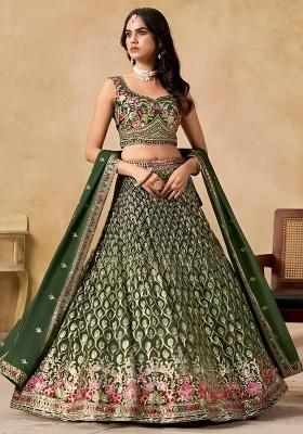 Green Embroidered Georgette Lehenga Set