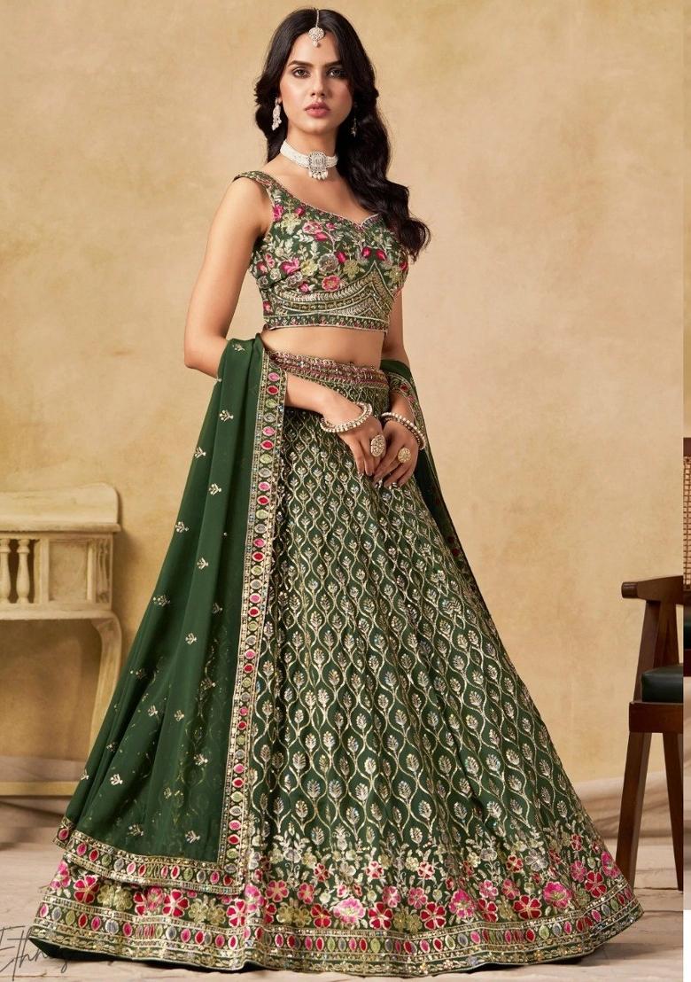 Green Embroidered Georgette Lehenga Set - Indya