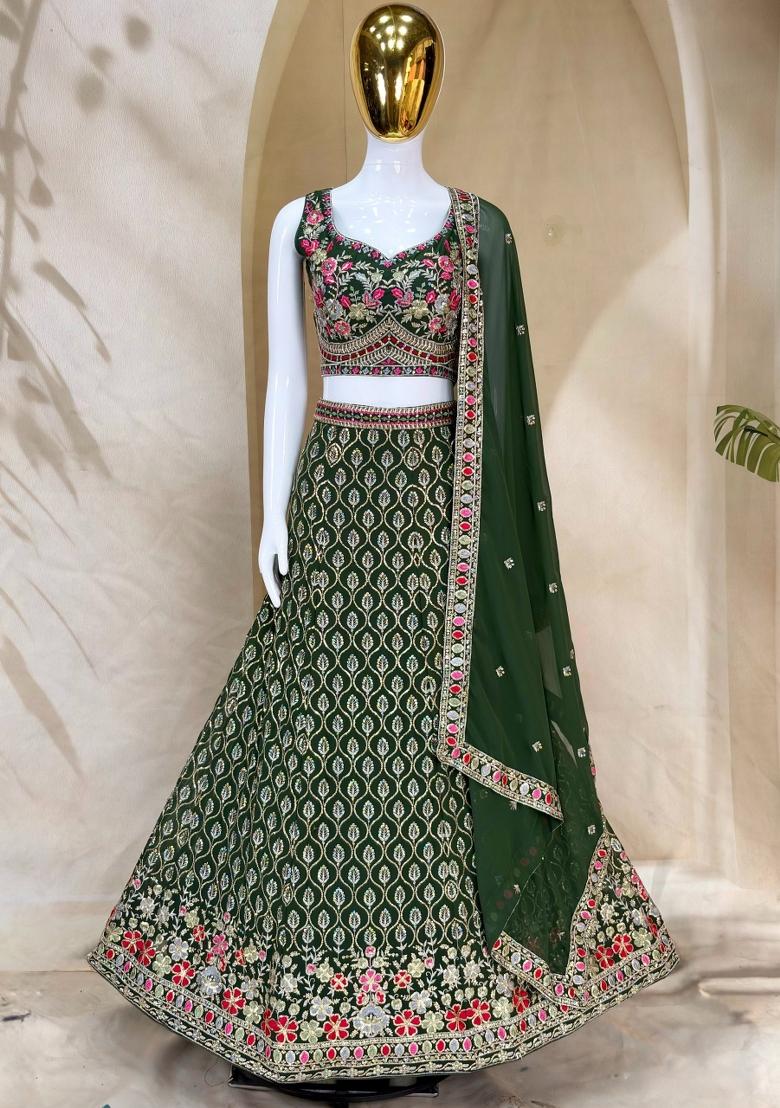 Green Embroidered Georgette Lehenga Set - Indya