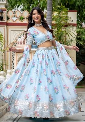 Sky Blue Embroidered Georgette Lehenga Set