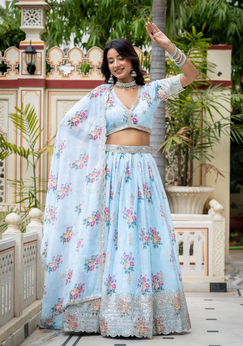 Sky Blue Embroidered Georgette Lehenga Set - Indya