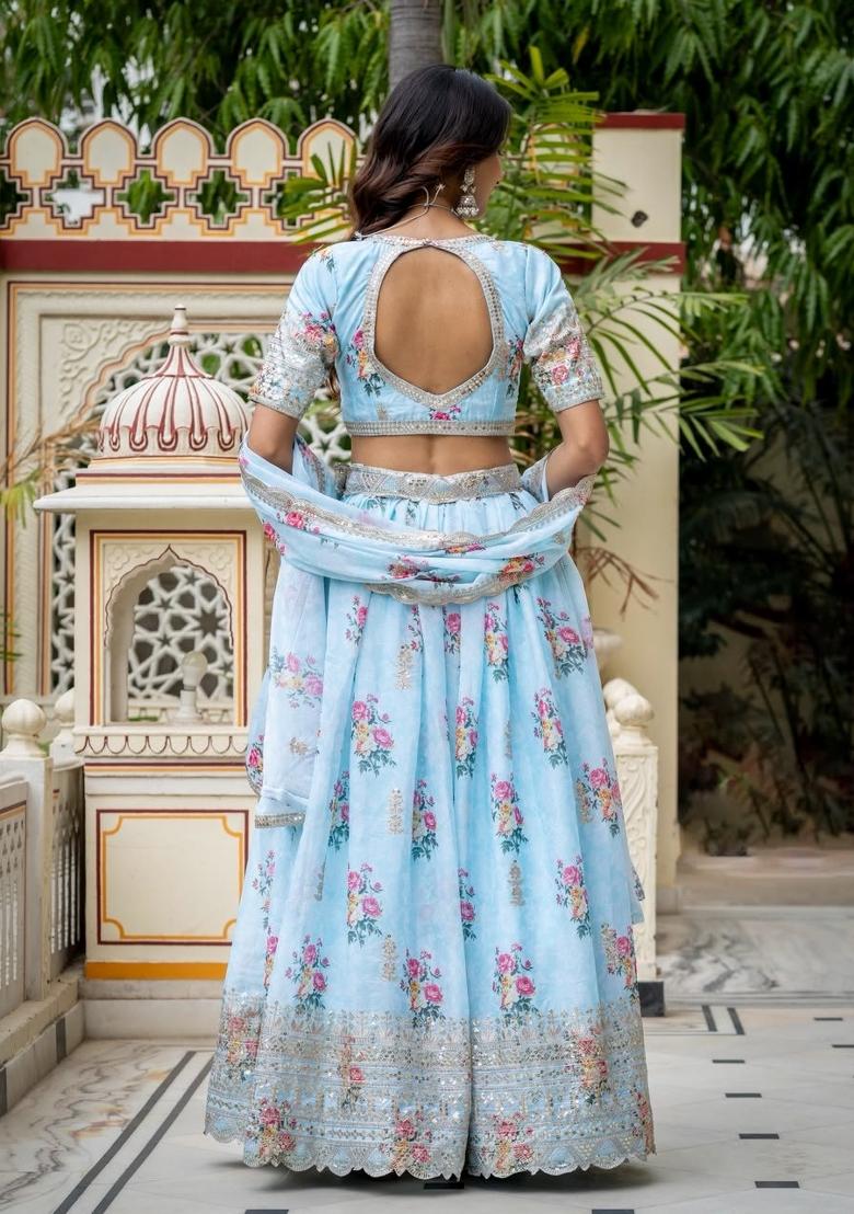 Sky Blue Embroidered Georgette Lehenga Set - Indya