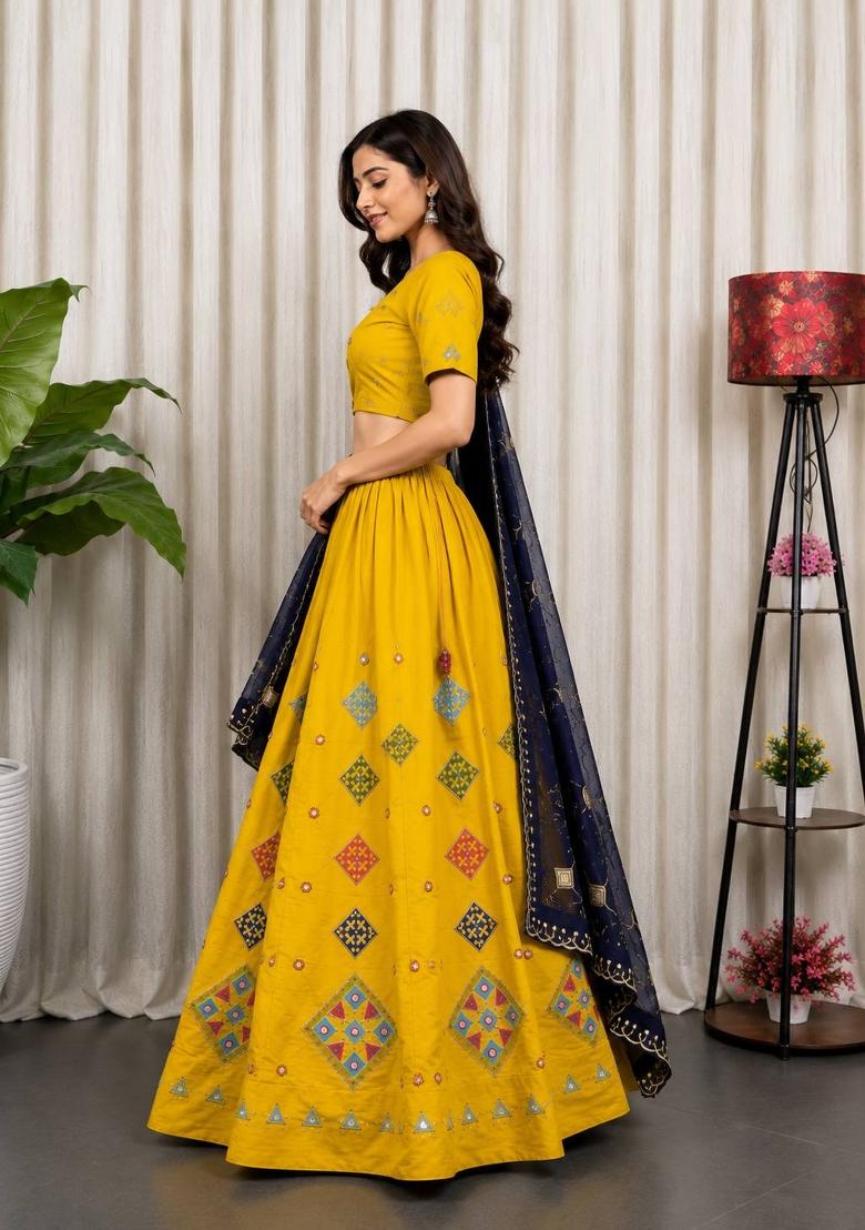 Black Embroidered Silk Lehenga Set - Indya