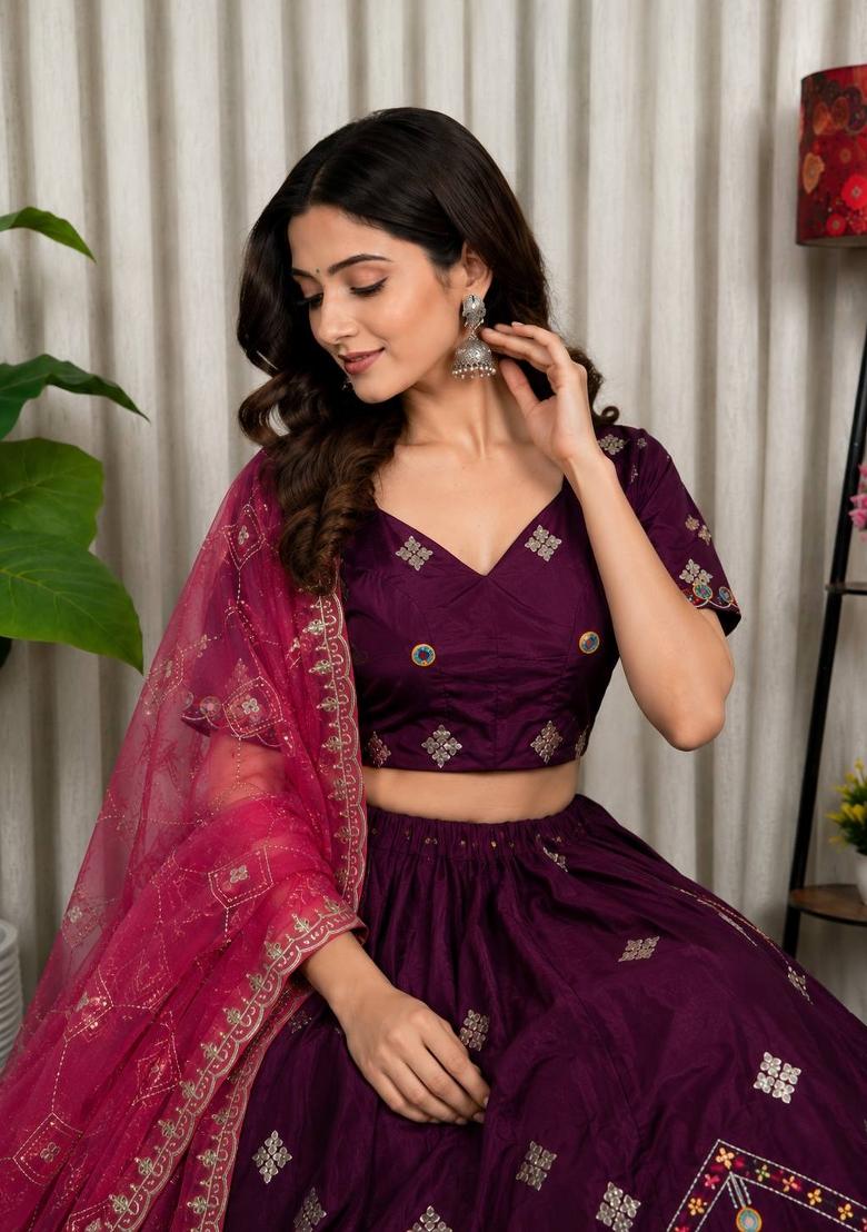 Pink Embroidered Silk Lehenga Set - Indya