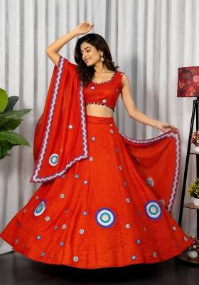 Orange Embroidered Silk Lehenga Set