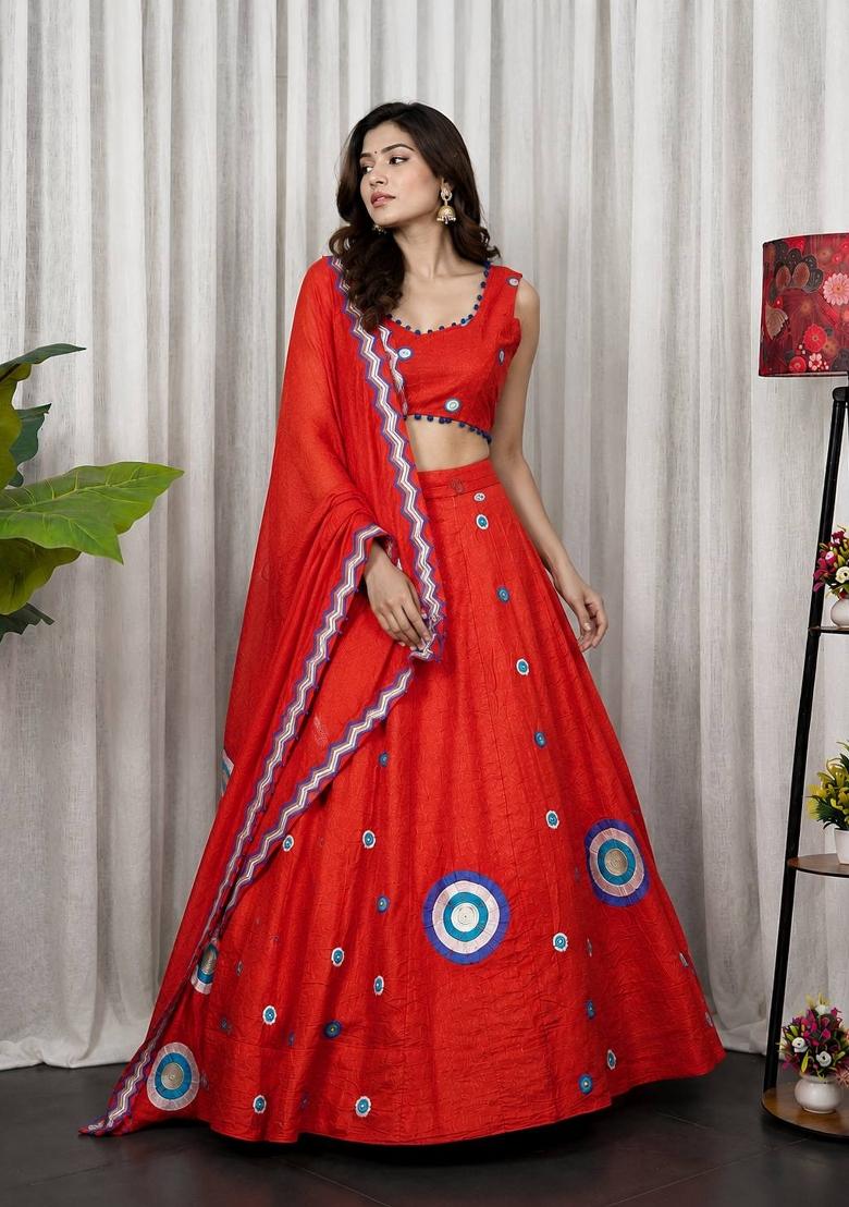 Orange Embroidered Silk Lehenga Set - Indya