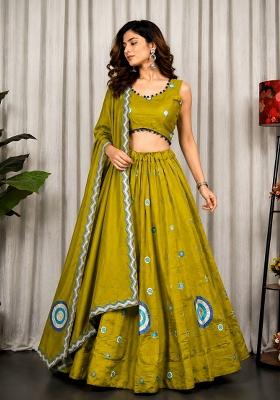 Mustard Embroidered Silk Lehenga Set