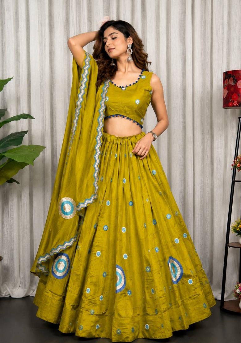 Mustard Embroidered Silk Lehenga Set - Indya