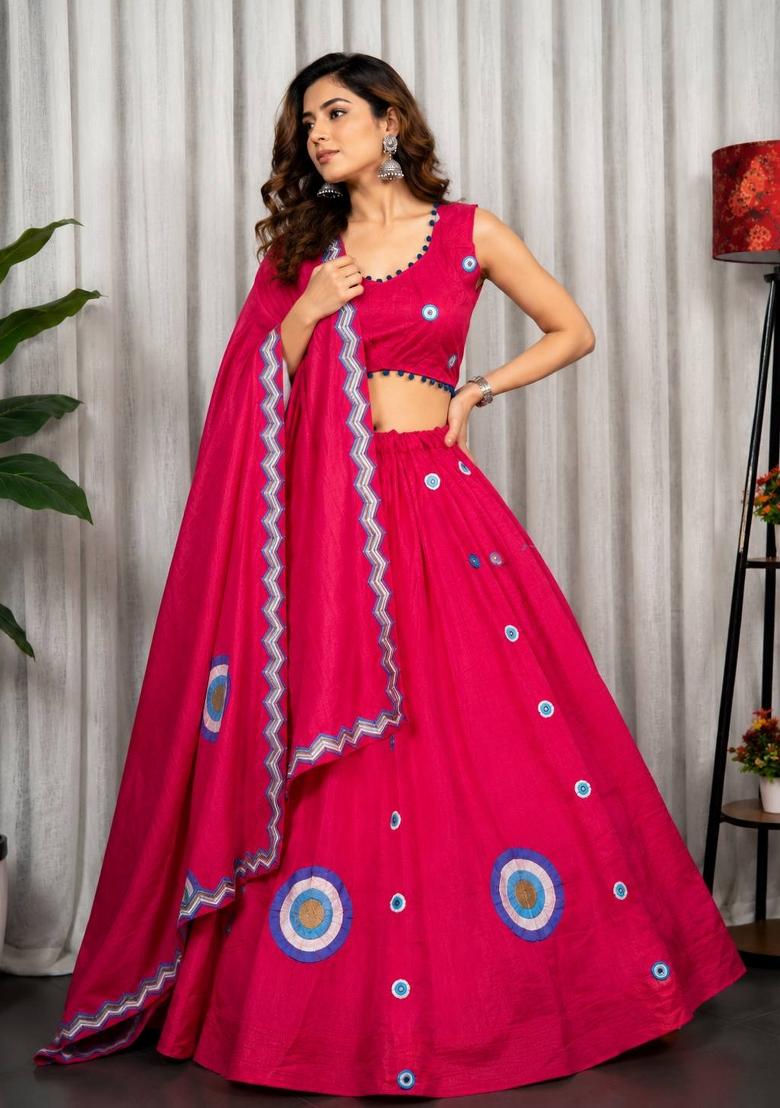 Rani Pink Embroidered Silk Lehenga Set - Indya