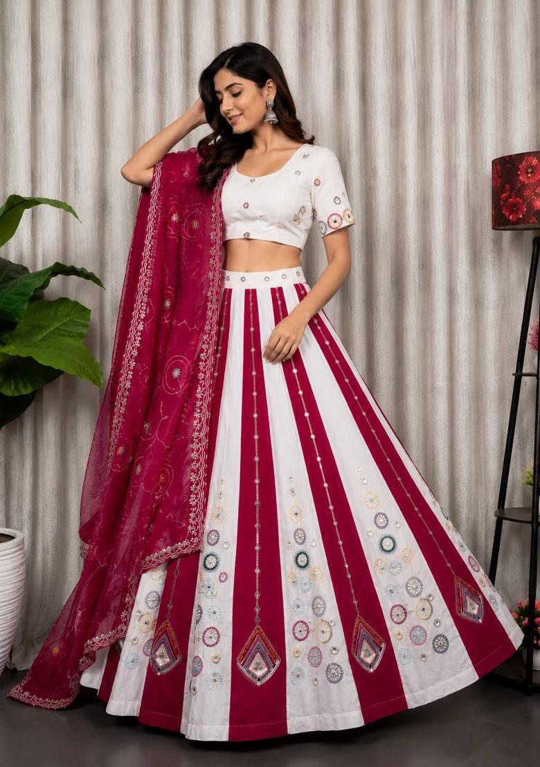 Red And White Embroidered Silk Lehenga Set - Indya