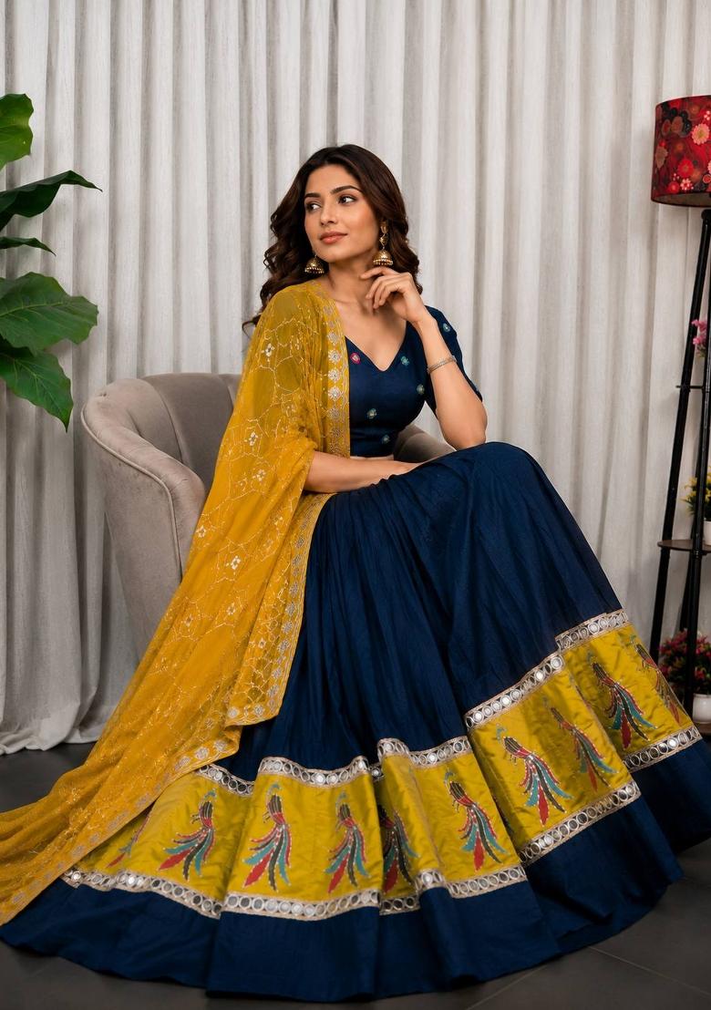 Navy Blue Embroidered Silk Lehenga Set - Indya