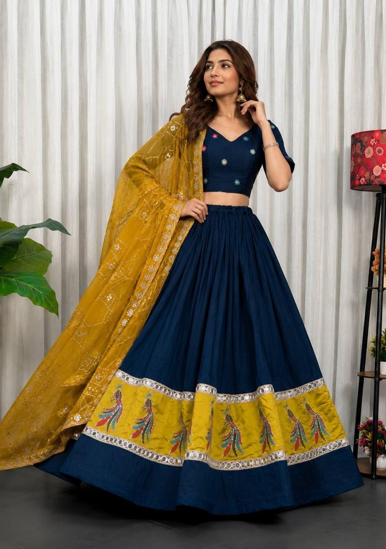 Navy Blue Embroidered Silk Lehenga Set - Indya