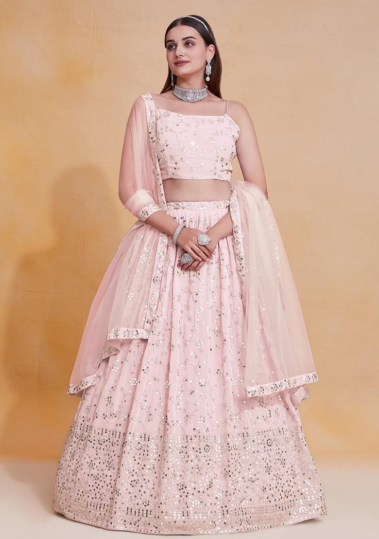 Pink Embroidered Georgette Lehenga Set - Indya