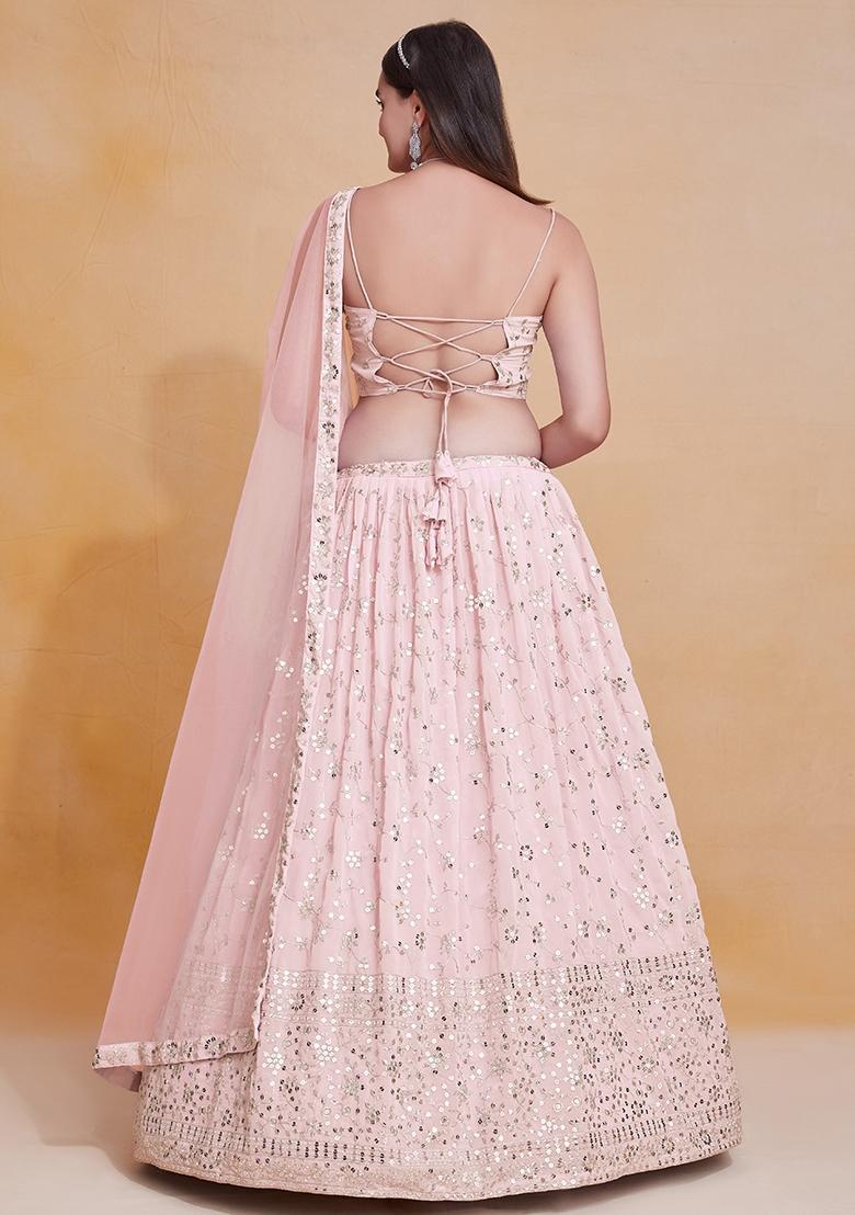 Pink Embroidered Georgette Lehenga Set - Indya