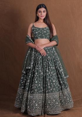Green Embroidered Georgette Lehenga Set