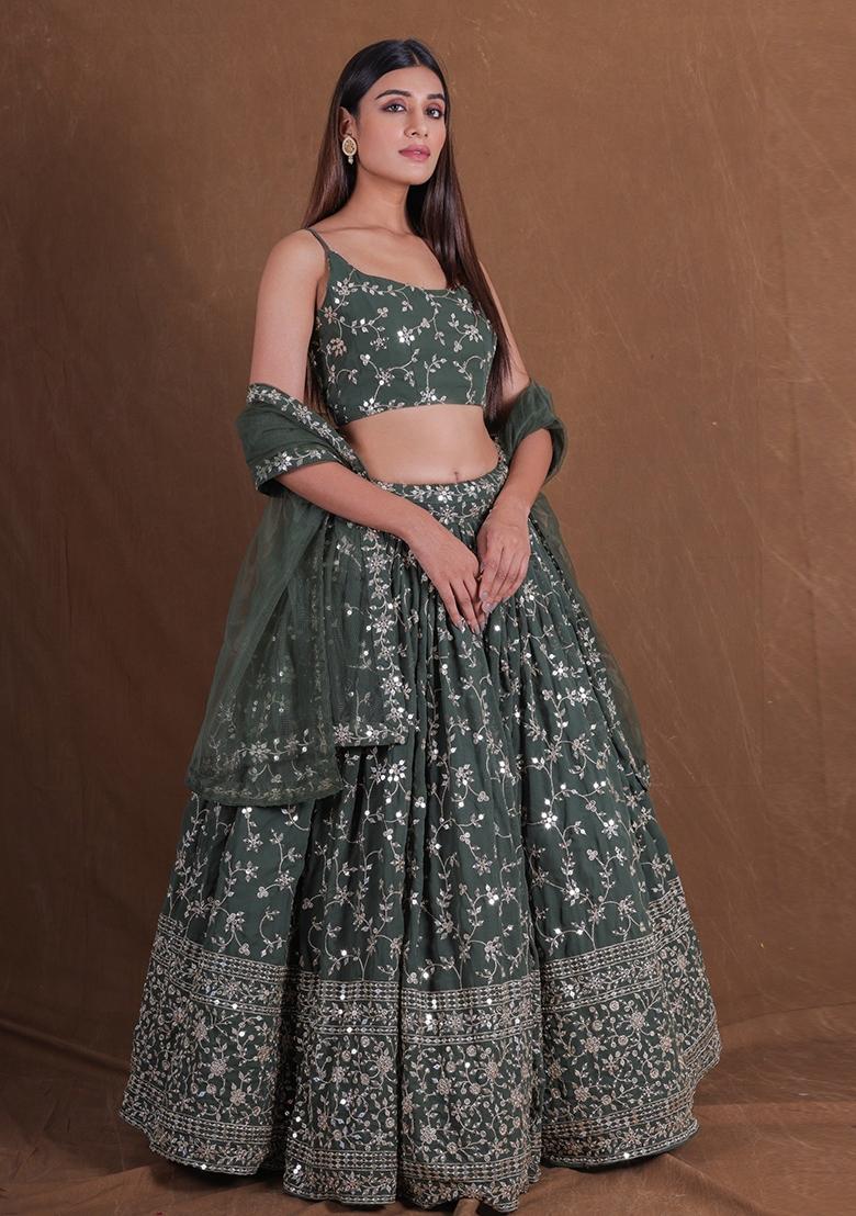Green Embroidered Georgette Lehenga Set - Indya