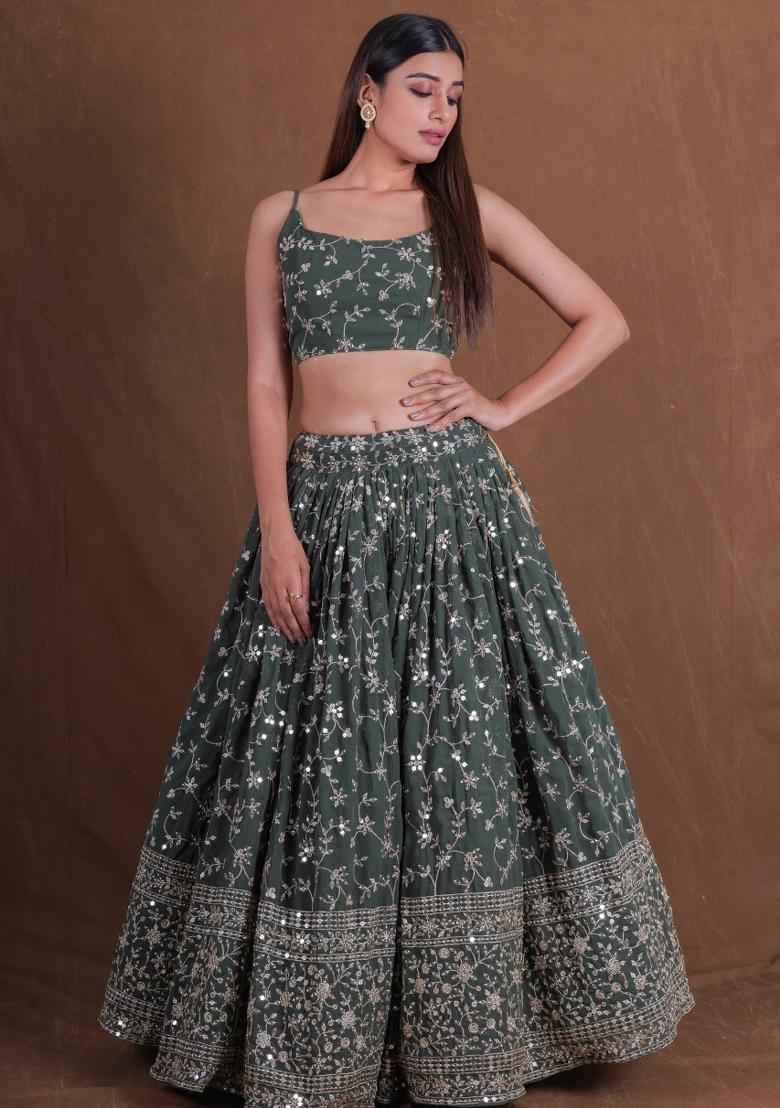 Green Embroidered Georgette Lehenga Set - Indya