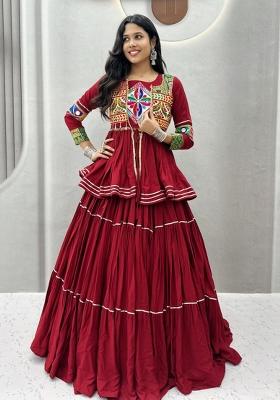 Maroon Lace Work Cotton Lehenga Set