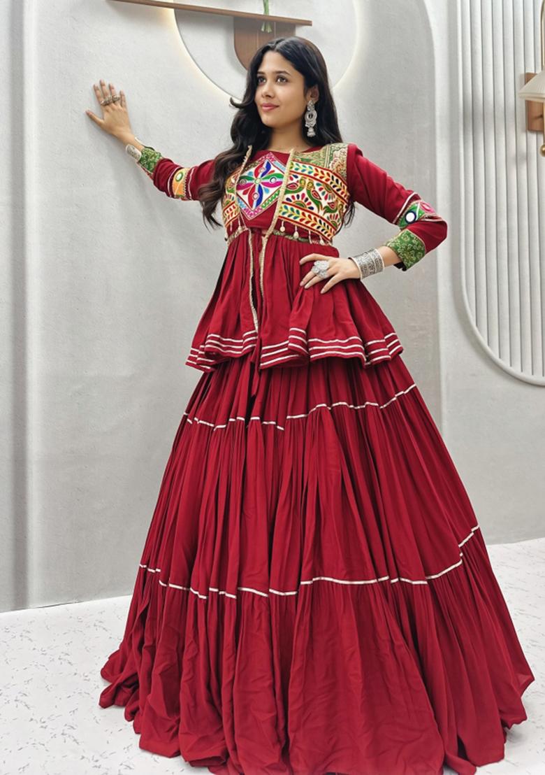 Maroon Lace Work Cotton Lehenga Set - Indya