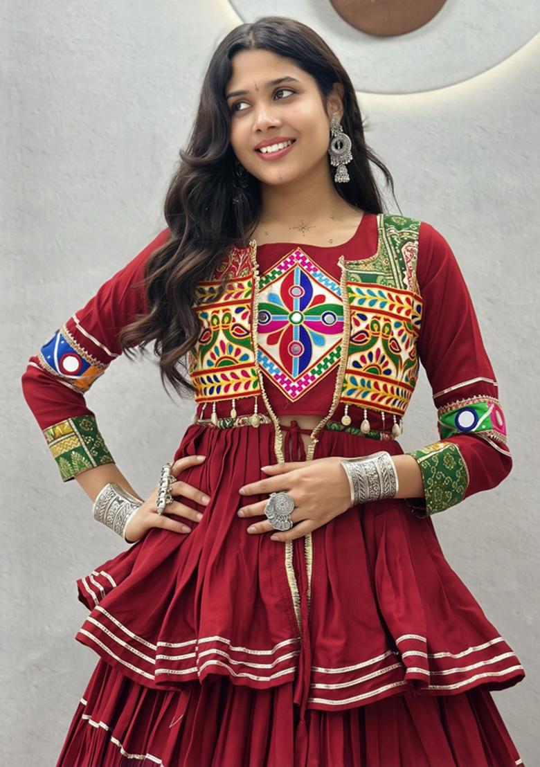 Maroon Lace Work Cotton Lehenga Set - Indya