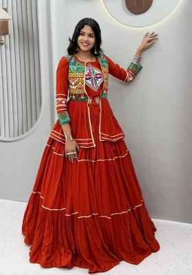 Orange Lace Work Cotton Lehenga Set