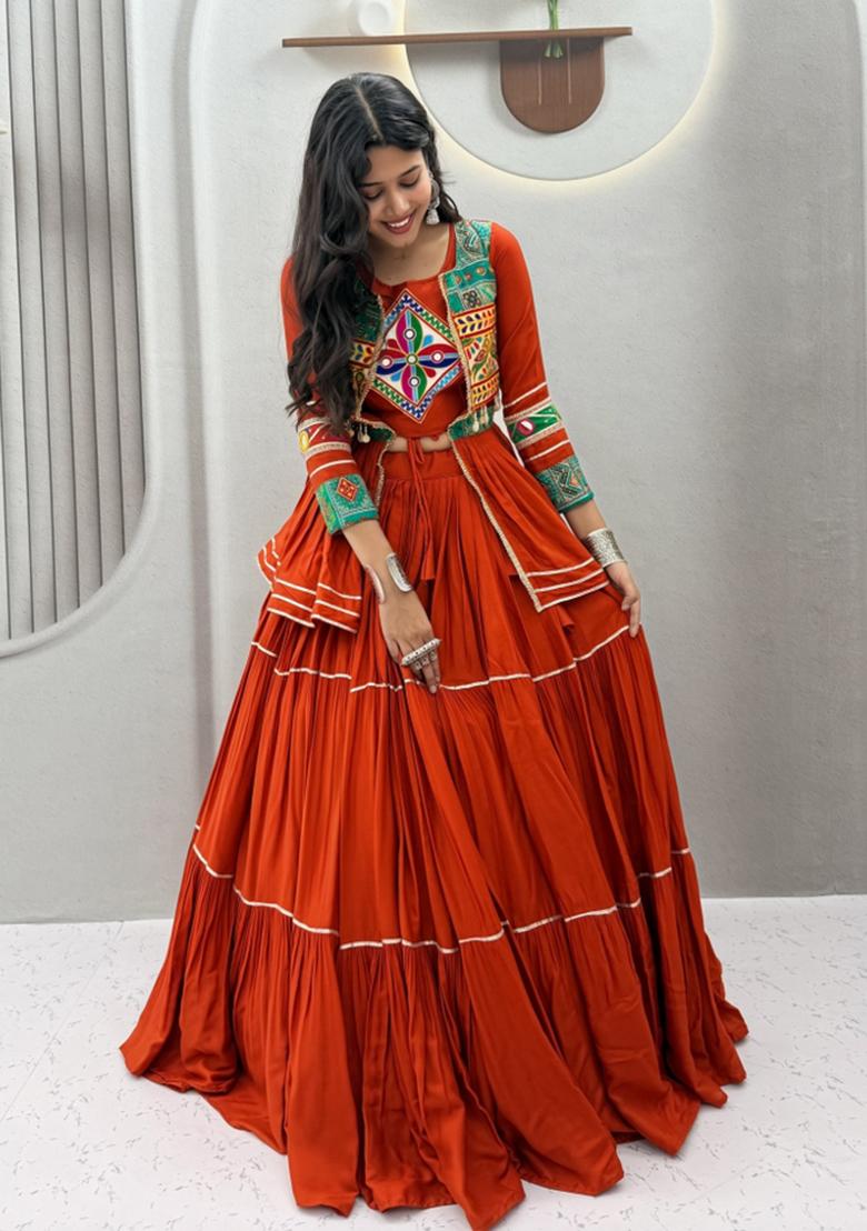 Orange Lace Work Cotton Lehenga Set - Indya